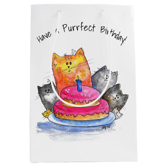 Sac Cadeau Moyen Chats Whimsical avec gâteau d'anniversaire (Devant)