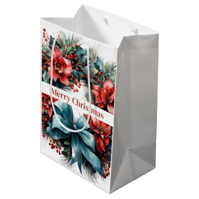 Sac Cadeau Moyen Chemise d'aquarelle de Noël avec Holly (Dos Angle)