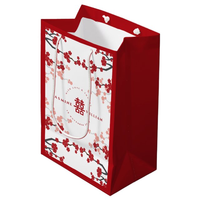 Sac Cadeau Moyen Cherry Blossoms & Double Bonheur Mariage chinois (Devant Angle)
