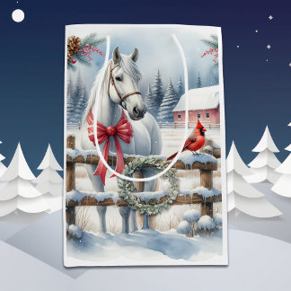 Sac Cadeau Moyen Cheval de Noël blanc et cardinal