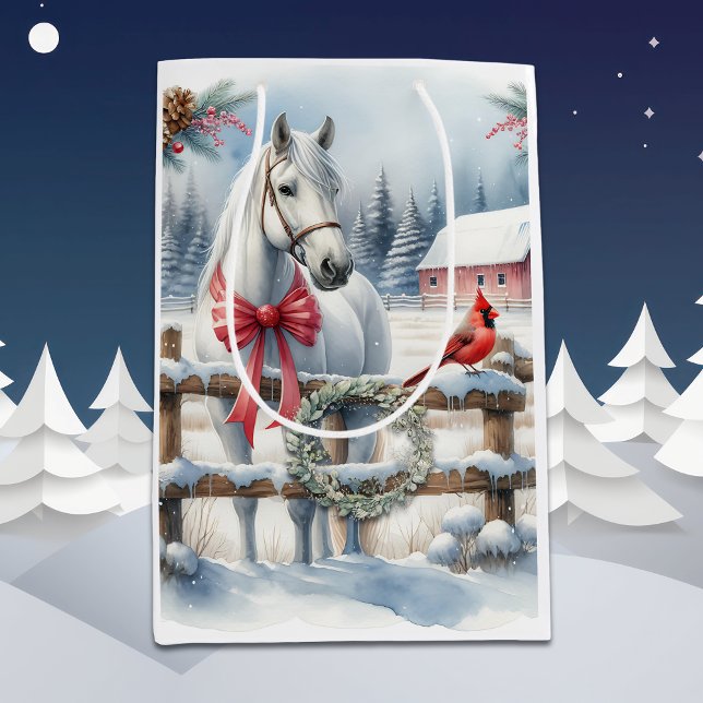 Sac Cadeau Moyen Cheval de Noël blanc et cardinal (Créateur téléchargé)