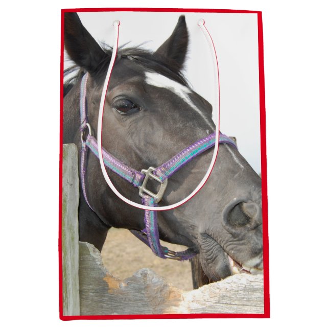 Sac Cadeau Moyen Cheval mignon à mâcher sur une clôture (Devant)