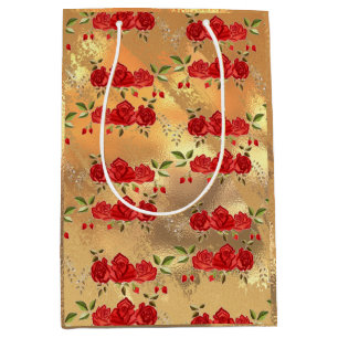 Sac Cadeau Moyen Chic Faux Gold Red Flowers Motif d'art
