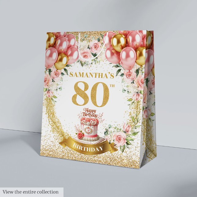Sac Cadeau Moyen Chic Gold Numéro 80e Anniversaire Baguette Bleue (Chic Gold Number 80th Birthday Blush Balloon Bag

)