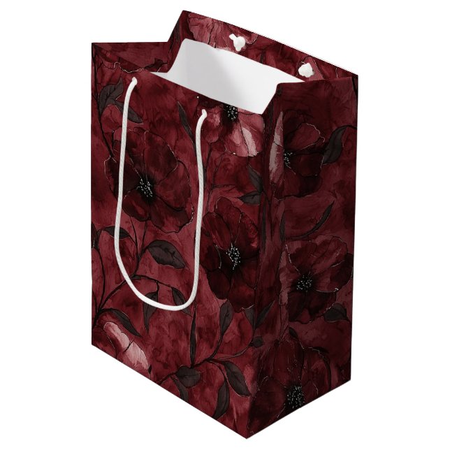 Sac Cadeau Moyen Chic Noir Bourguignon Rouge Floral Fête de Mariage (Devant Angle)