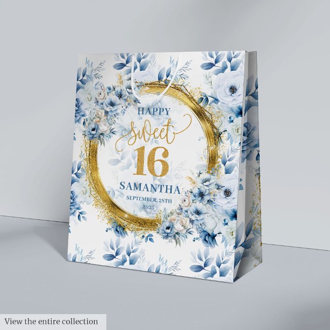 Sac Cadeau Moyen Chic Pastel Blue Sweet sixteen Gold Parties scinti (Chic Pastel Blue Sweet Sixteen Gold Glitter Party Medium Gift Bag)