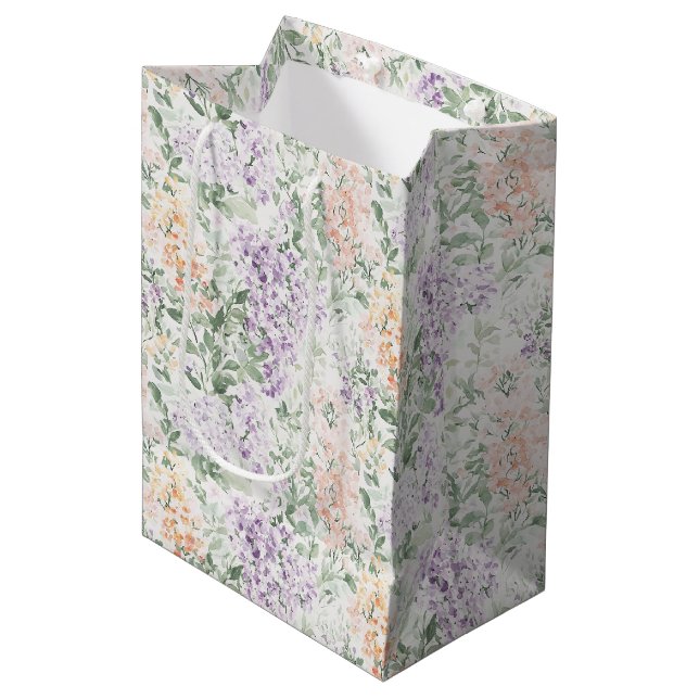 Sac Cadeau Moyen Chic Pêche Lilas Lavande Floral Fête de Mariage (Devant Angle)