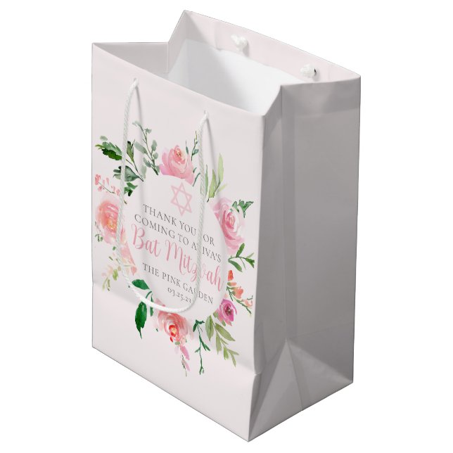 Sac Cadeau Moyen Chic Pink Floral Bat Mitzvah Jewish Birthday Party (Devant Angle)