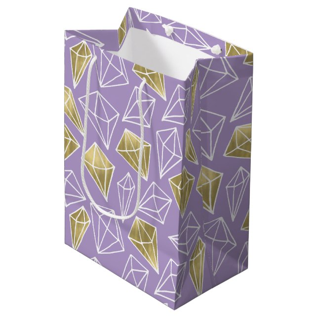 Sac Cadeau Moyen Chic Purple Diamants Or Anniversaire (Devant Angle)
