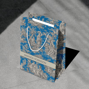 Sac Cadeau Moyen Chic Vintage Bleu Toile de Jouy Campagne Moyenne