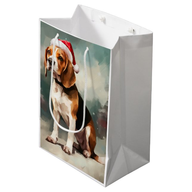 Sac Cadeau Moyen Chien beagle à Noël de neige (Devant Angle)
