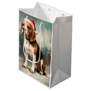 Sac Cadeau Moyen Chien Beagle dans la neige de Noël 