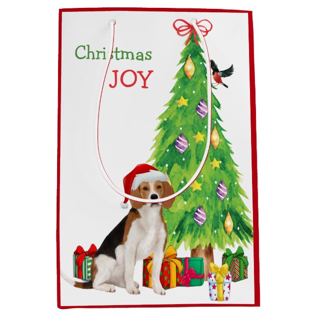 Sac Cadeau Moyen Chien Beagle mignon Santa Hat et sapin de Noël (Devant)