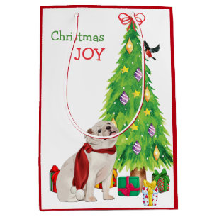 Sac Cadeau Moyen Chien blanc, Oiseau et Arbre de Noël