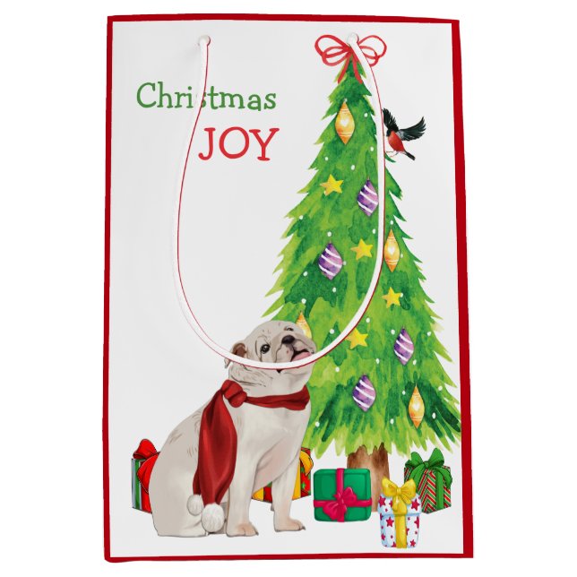 Sac Cadeau Moyen Chien blanc, Oiseau et Arbre de Noël (Devant)