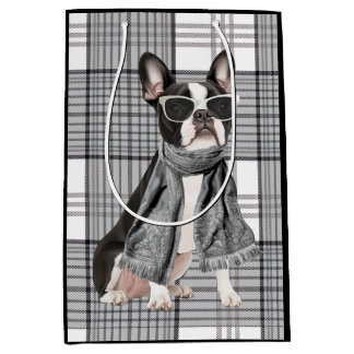 Sac Cadeau Moyen Chien Boston Terrier élégant et monogramme à carre