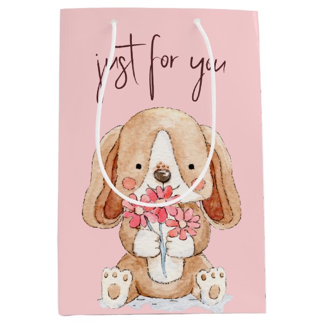 Sac Cadeau Moyen Chien chiot avec fleurs (Devant)