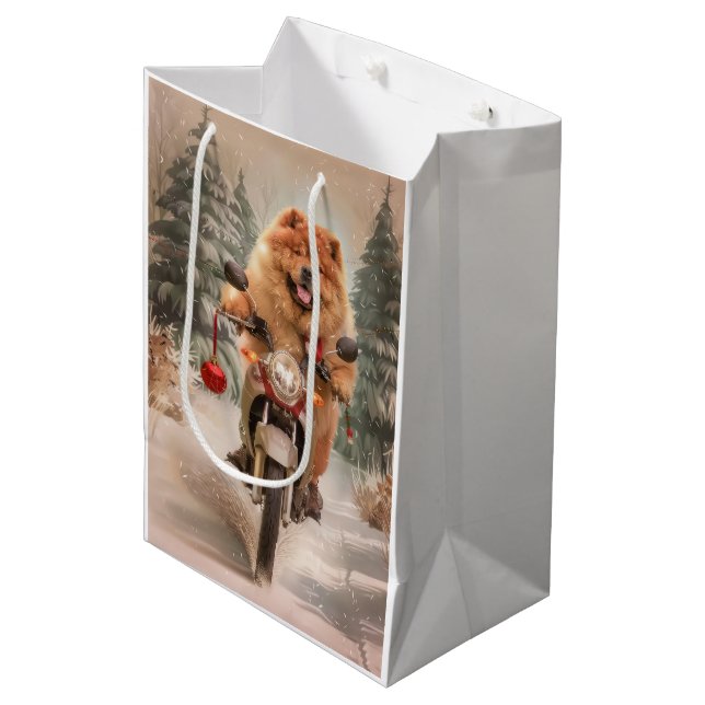 Sac Cadeau Moyen Chien Chow Chow à moto Noël (Devant Angle)