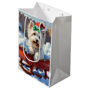Sac Cadeau Moyen Chien Coton de Tulear Fluffy Traîneau de Noël Vint