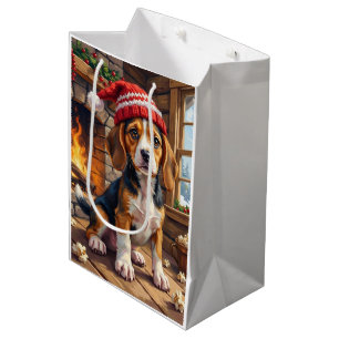 Sac Cadeau Moyen Chien courant joyeux en bonnet de tricot douillet
