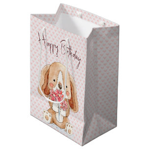 Sac Cadeau Moyen Chien d'anniversaire avec fleurs sur les coeurs ro