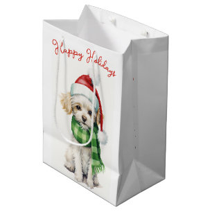 Sac Cadeau Moyen Chien de caniche de Noël avec Casquette
