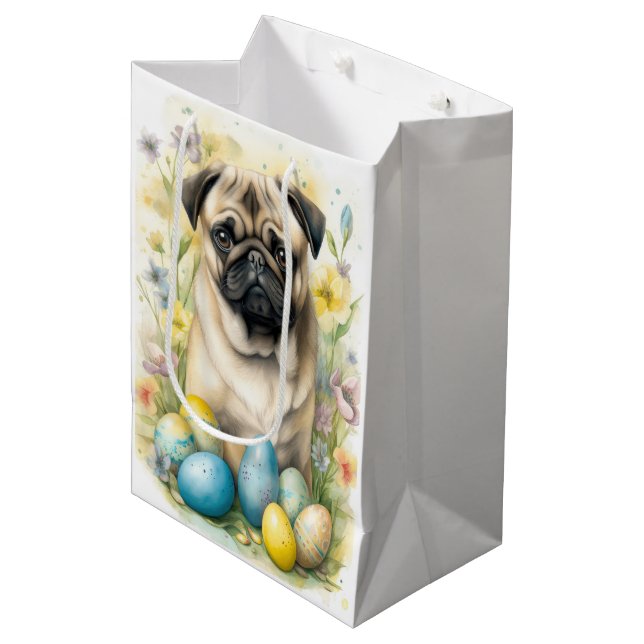 Sac Cadeau Moyen Chien de carlin avec oeufs de Pâques Fêtes (Devant Angle)
