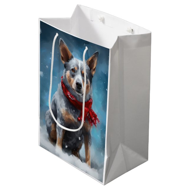 Sac Cadeau Moyen Chien de Heeler Bleu à Noël de neige (Devant Angle)