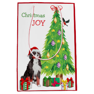 Sac Cadeau Moyen Chien de Montagne, Oiseau et Arbre de Noël bernois