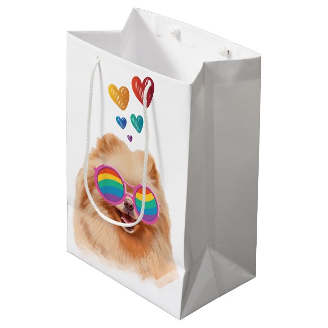 Sac Cadeau Moyen Chien de Poméranie avec Coeurs Saint Valentin (Devant Angle)