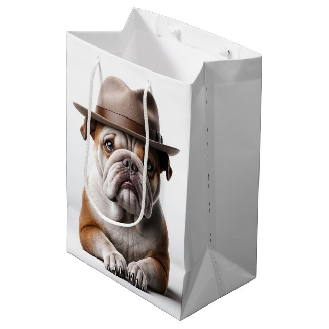 Sac Cadeau Moyen Chien de taureau d'anniversaire portant une fedora (Devant Angle)