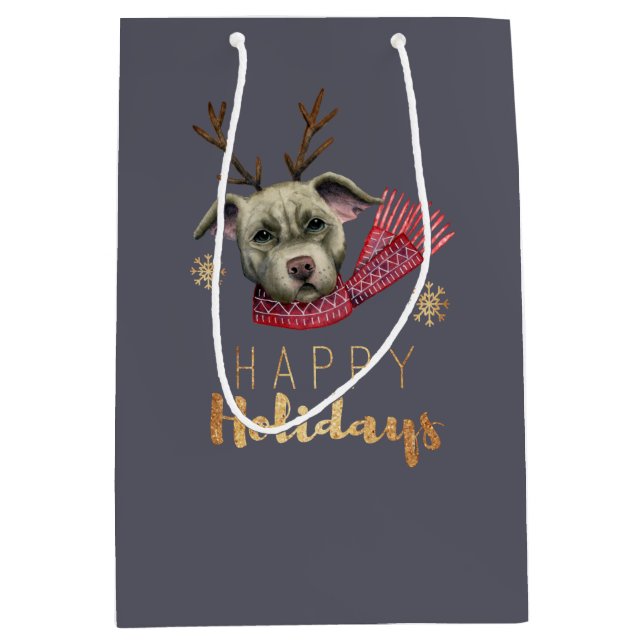 Sac Cadeau Moyen Chien drôle de pitbull de renne de Noël (Devant)