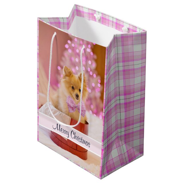 Sac Cadeau Moyen Chien mignon avec cabot rose Photo de Noël (Devant Angle)