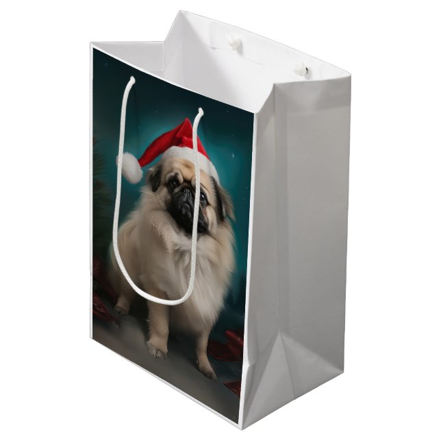Sac Cadeau Moyen Chien pekingese pendant Noël de neige (Devant Angle)