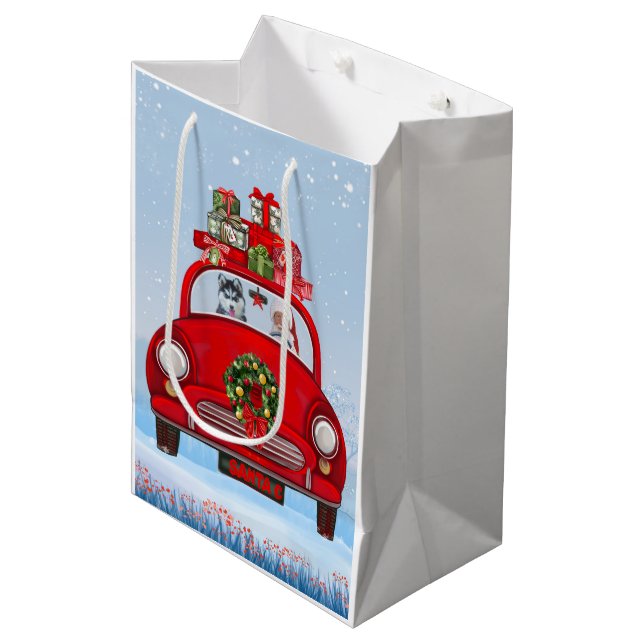 Sac Cadeau Moyen Chien Sibérien Husky En Voiture Avec Le Père Noël (Devant Angle)