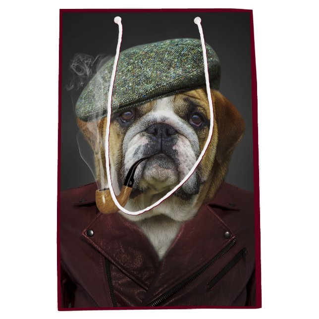 Sac Cadeau Moyen Chien taureau avec Casquette et tuyau (Devant)