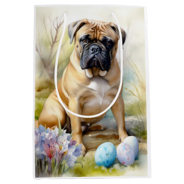 Sac Cadeau Moyen Chien taureau Mastiff avec Oeufs de Pâques Fêtes (Devant)