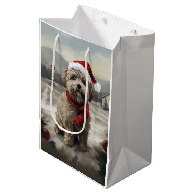 Sac Cadeau Moyen Chien Yorkipod en Noël de neige (Devant Angle)