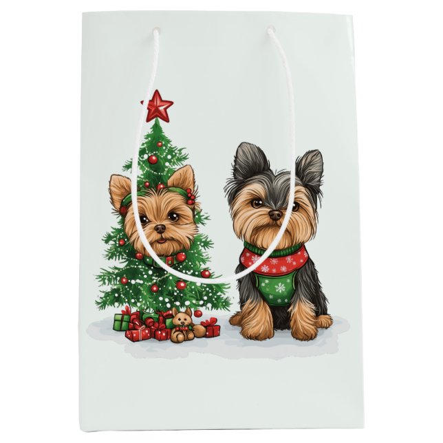 Sac Cadeau Moyen Chiens de Noël Yorkie (Devant)