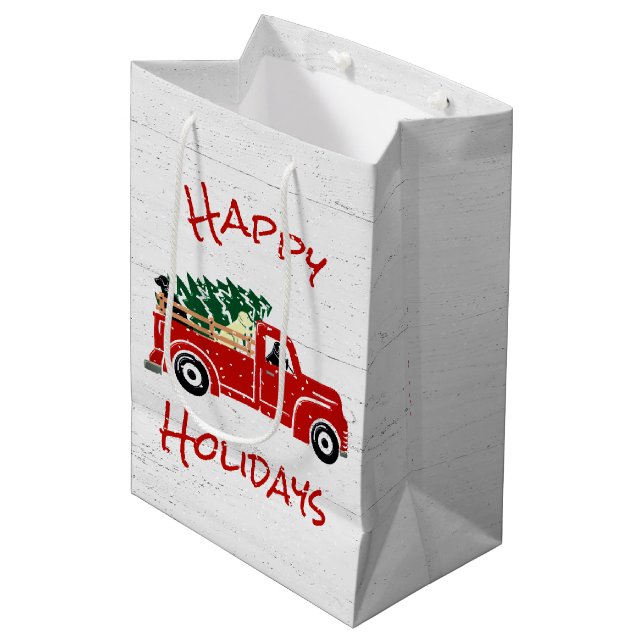 Sac Cadeau Moyen Chiens du Labrador en Camion de Noël Rouge (Devant Angle)