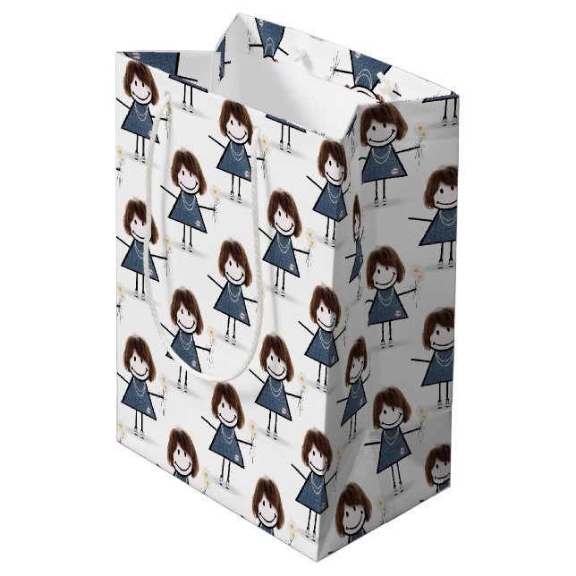 Sac Cadeau Moyen Chiffre À Bâtons Fille Avec Marguerites (Dos Angle)