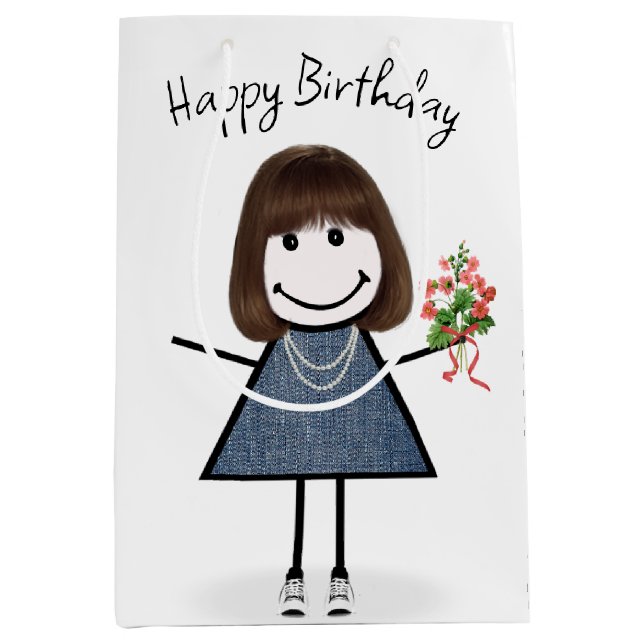Sac Cadeau Moyen Chiffre Anniversaire Fille Avec Bouquet (Devant)