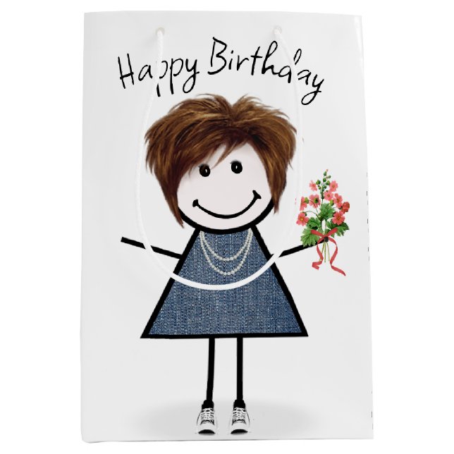 Sac Cadeau Moyen Chiffre Anniversaire Fille Avec Bouquet (Devant)