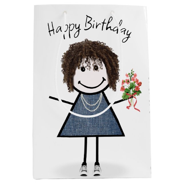 Sac Cadeau Moyen Chiffre Anniversaire Fille Avec Bouquet (Devant)