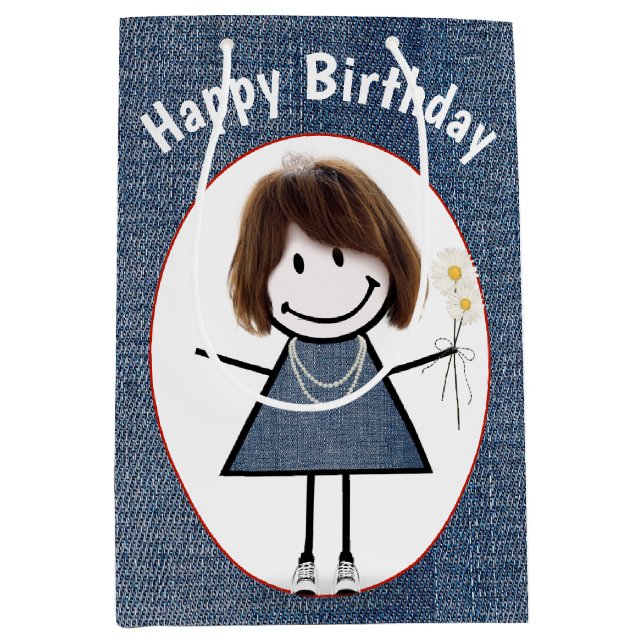 Sac Cadeau Moyen Chiffre Anniversaire Fille Sur Denim (Devant)