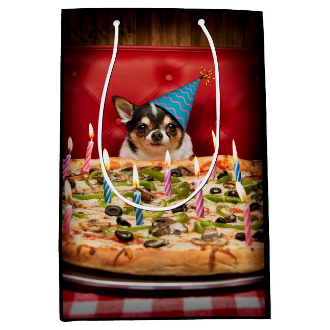 Sac Cadeau Moyen Chihuahua Anniversaire Pizza Pie (Devant)