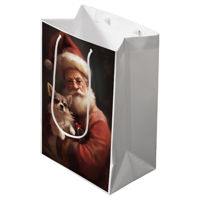Sac Cadeau Moyen Chihuahua avec Noël Festif du Père Noël (Devant Angle)