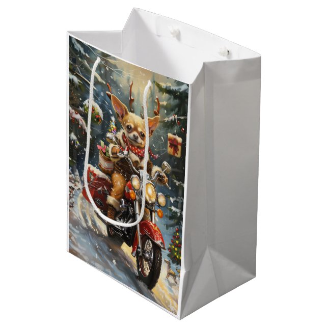 Sac Cadeau Moyen Chihuahua Chien équitation moto Noël (Devant Angle)
