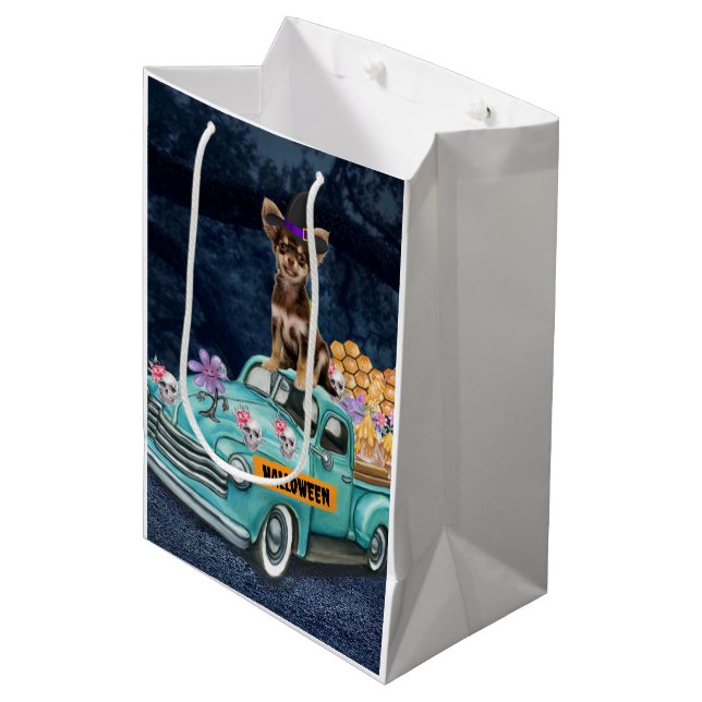 Sac Cadeau Moyen Chihuahua Chien Halloween Camion Effrayant Nuit (Devant Angle)
