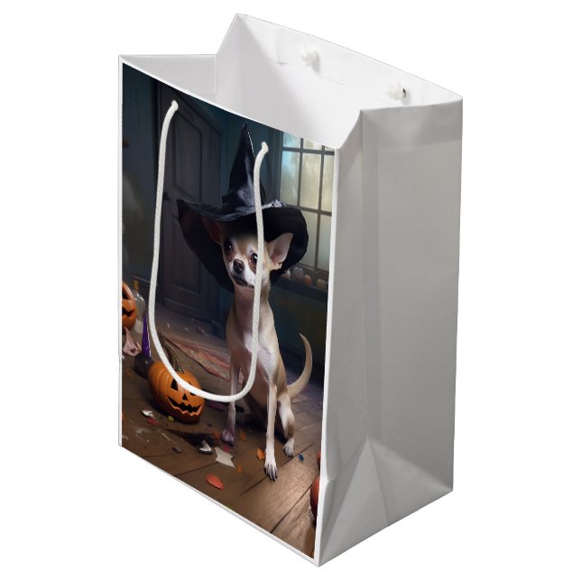 Sac Cadeau Moyen Chihuahua Citrouilles Halloween effrayant (Devant Angle)